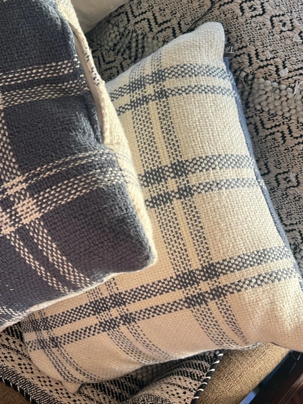 Set of two Cream and Blue Plaid Accent Pillow - Classic Cozy Throw
